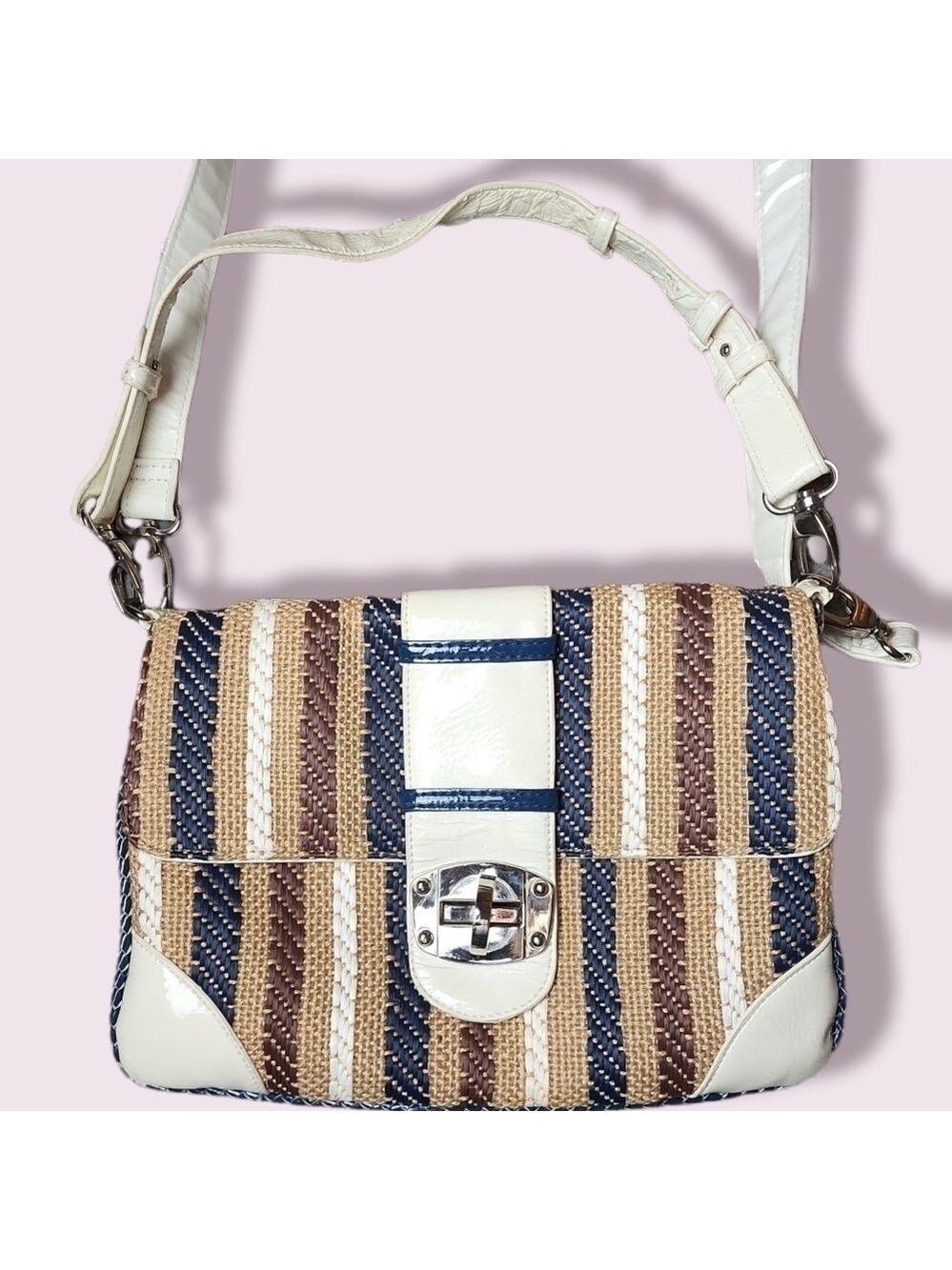 70s Canvas & Leather Turn Lock Satchel Crossbody Handbag Striped Neutral Boho - Picture 3 of 11